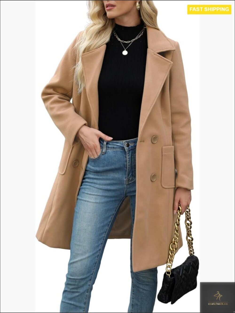 Wool Blend Mid-Long Pea Coat Double-Breasted Notch Lapel Classic Warm Outerwear